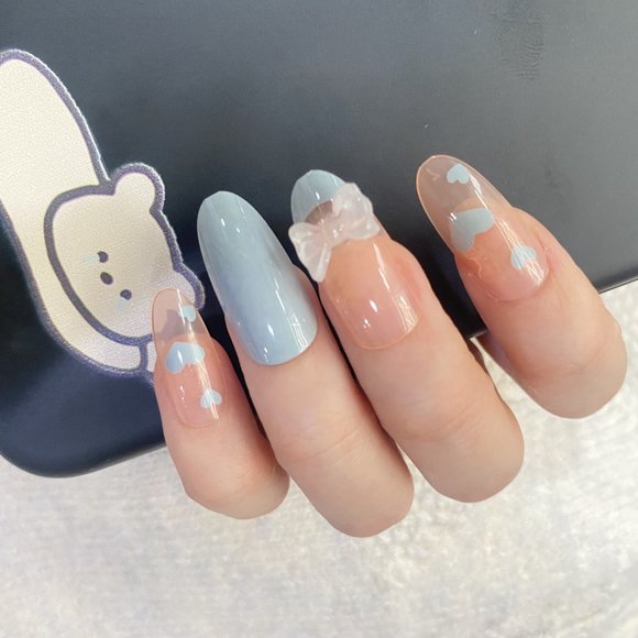 🎀💙NEW Luxury Heart Bow 3D Design Oval Long Light Blue Nails - 24 pcs 💙🎀 - Picture 2 of 5